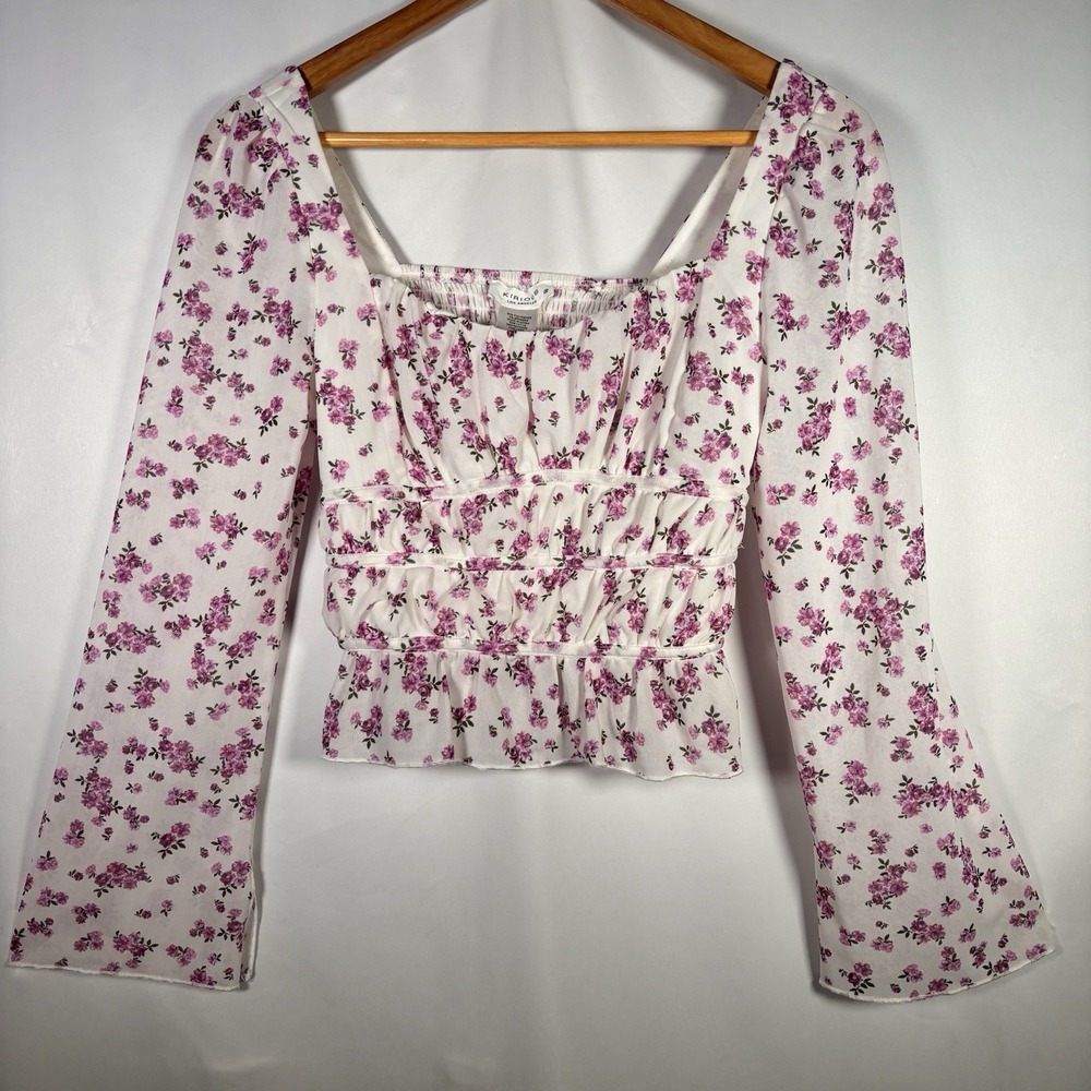 Kirious Babydoll Top Womens Small Coquette Milkmaid Cottage Bell Sleeve Floral